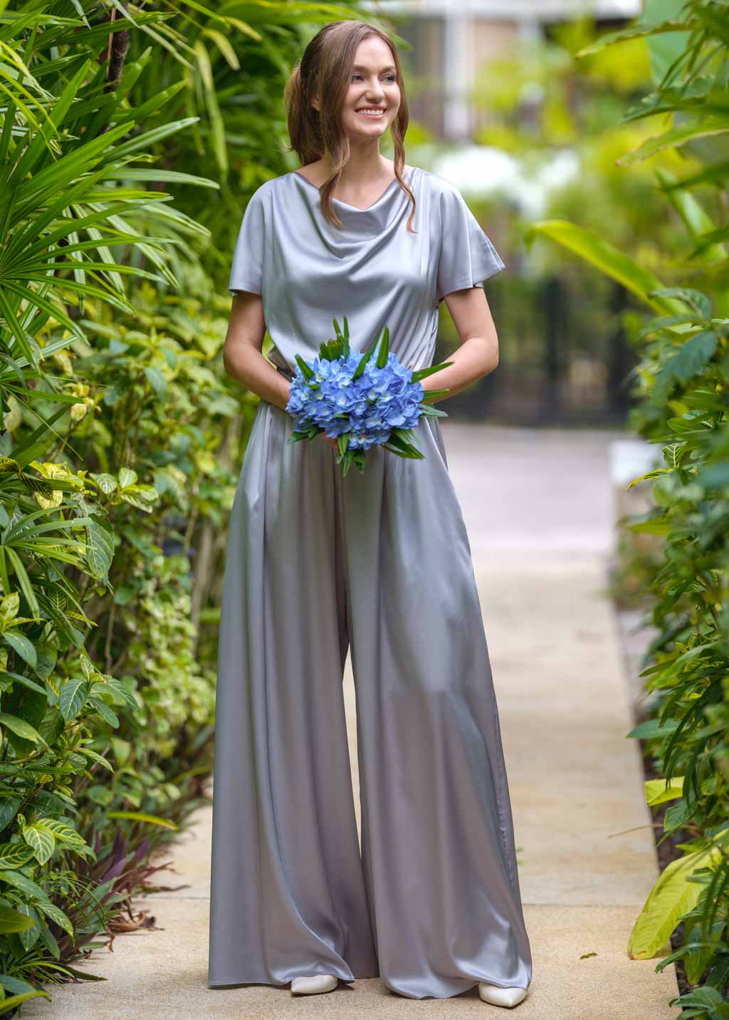 Silver grey silk jumpsuit