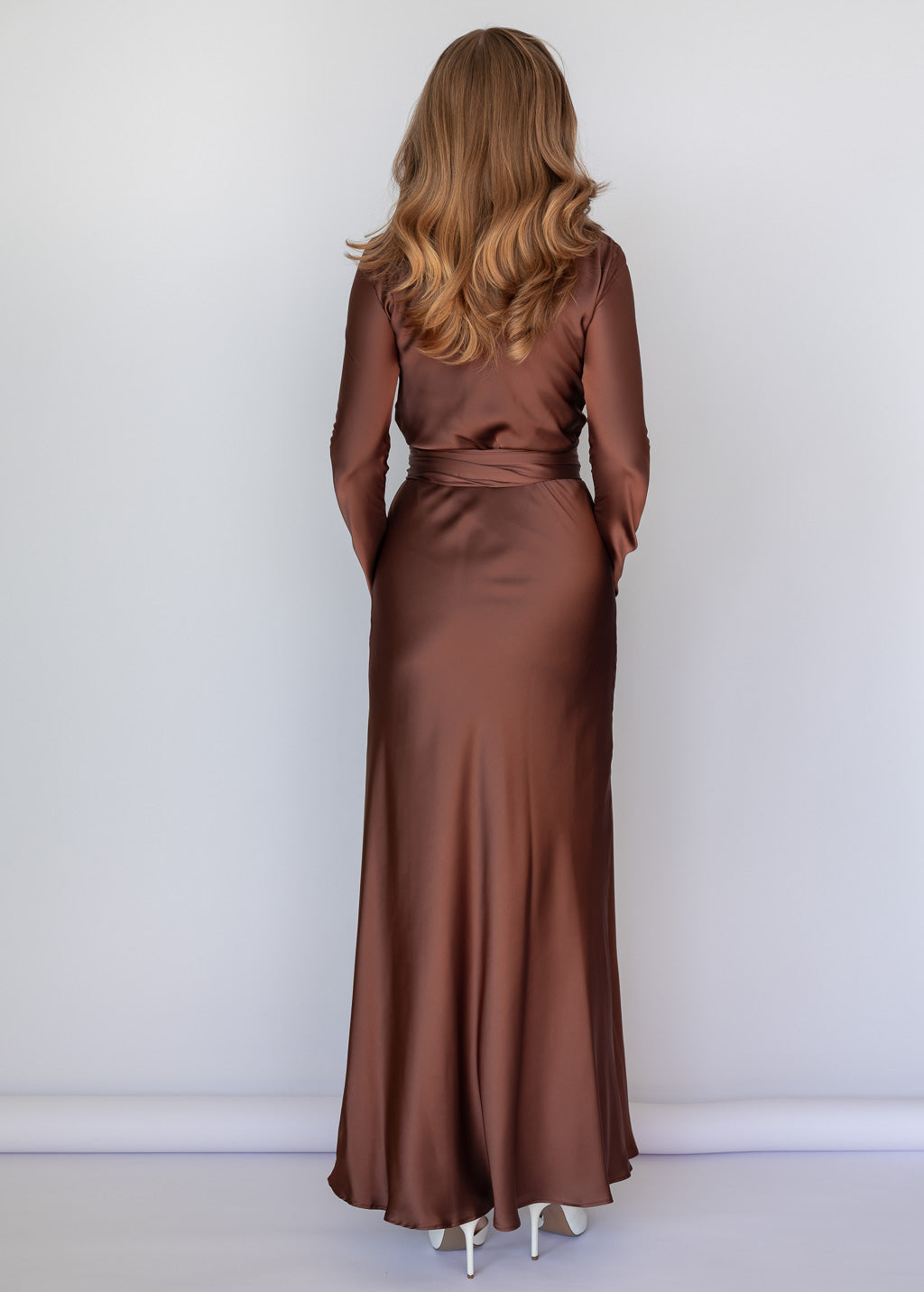 Chocolate Brown Versatile Belt Silk Long Dress