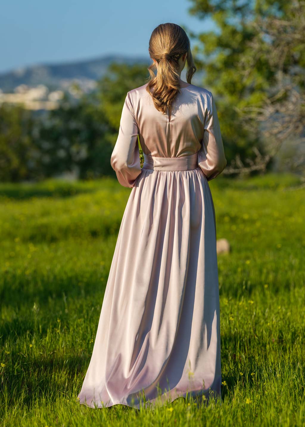 Champagne beige long silk dress with belt