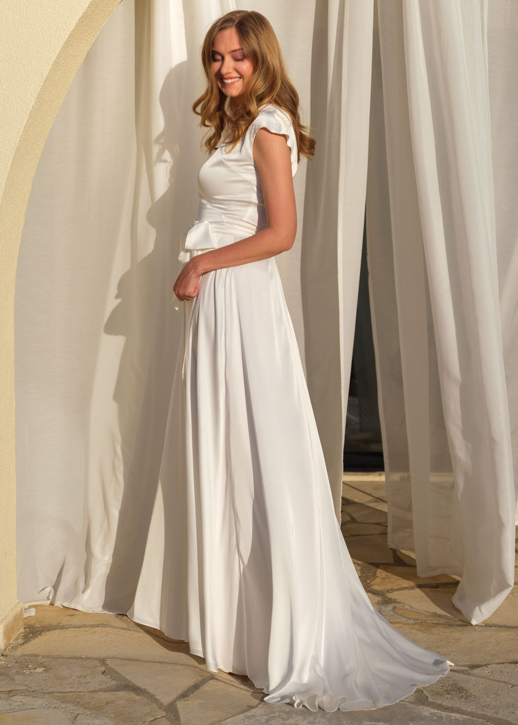Ivory silk wedding dress with train