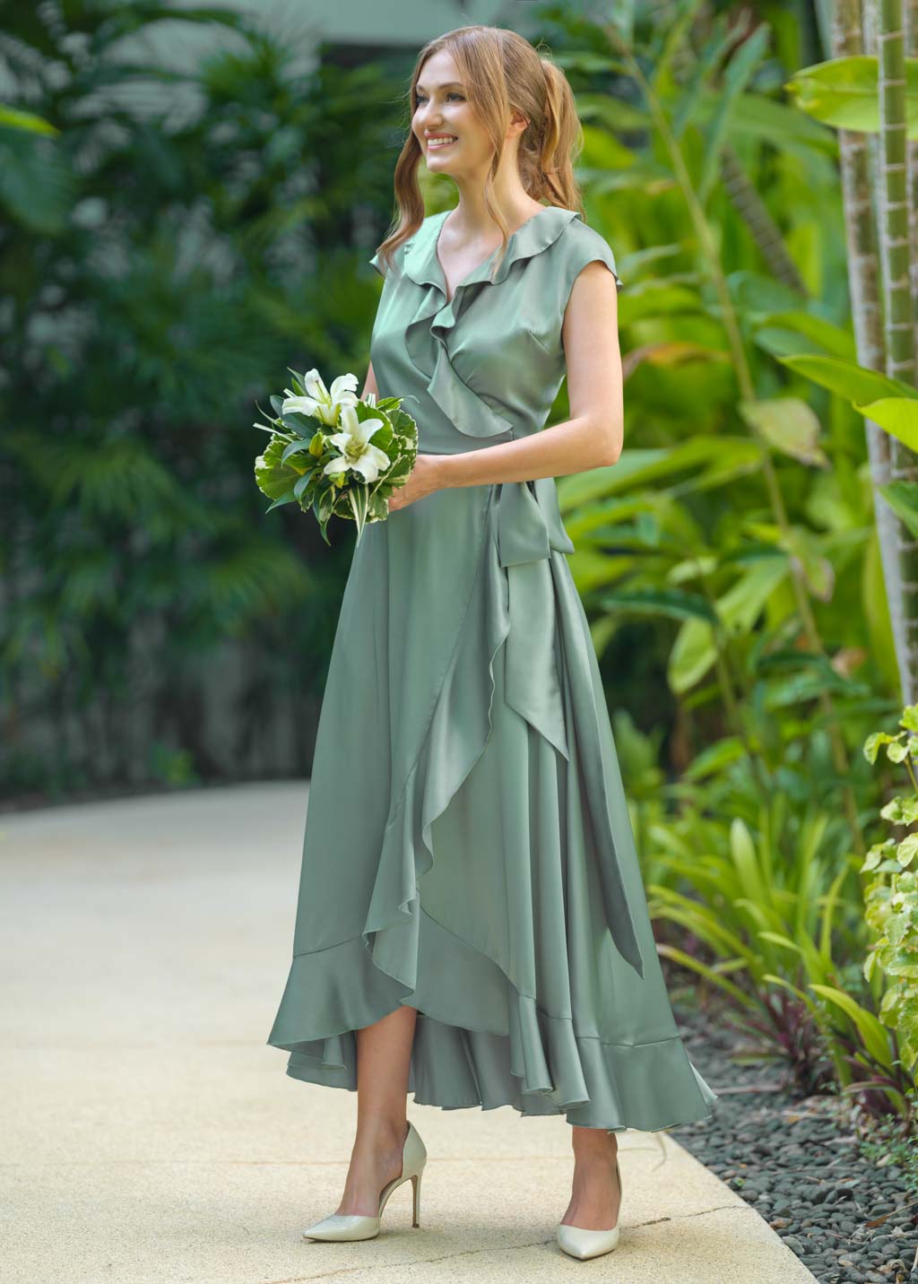 Sage green wrap silk dress