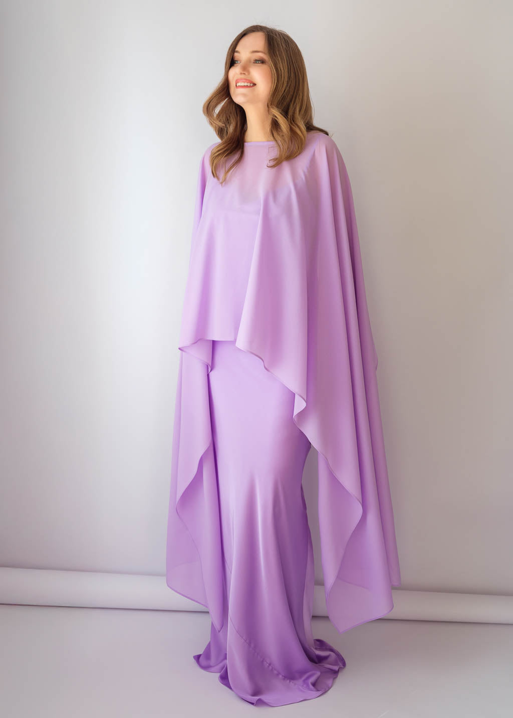 Lilac Bias Cut Silk Satin Maxi Dress with Chiffon Cape
