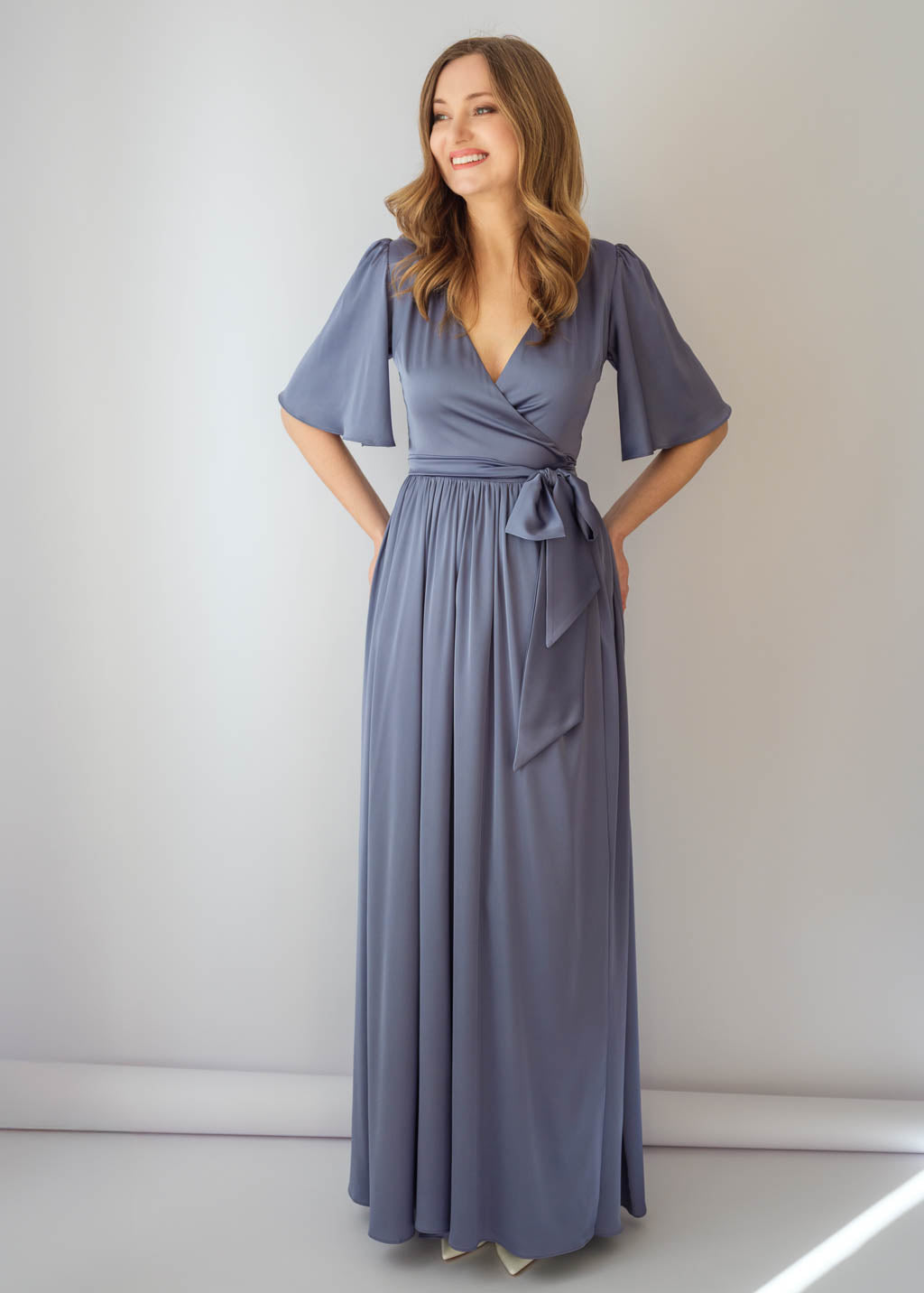 Grey Silk Wrap Dress with Flutter Sleeve & Pleated Skirt