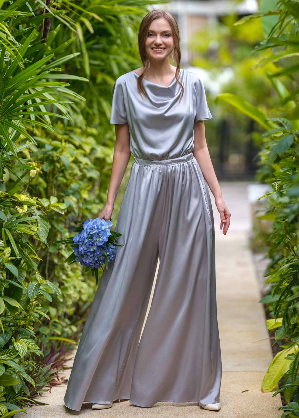 Silver grey silk jumpsuit