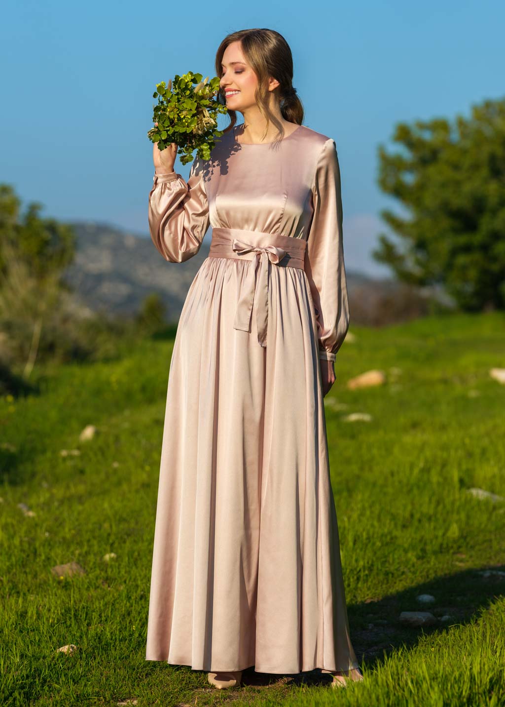 Champagne beige long silk dress with belt