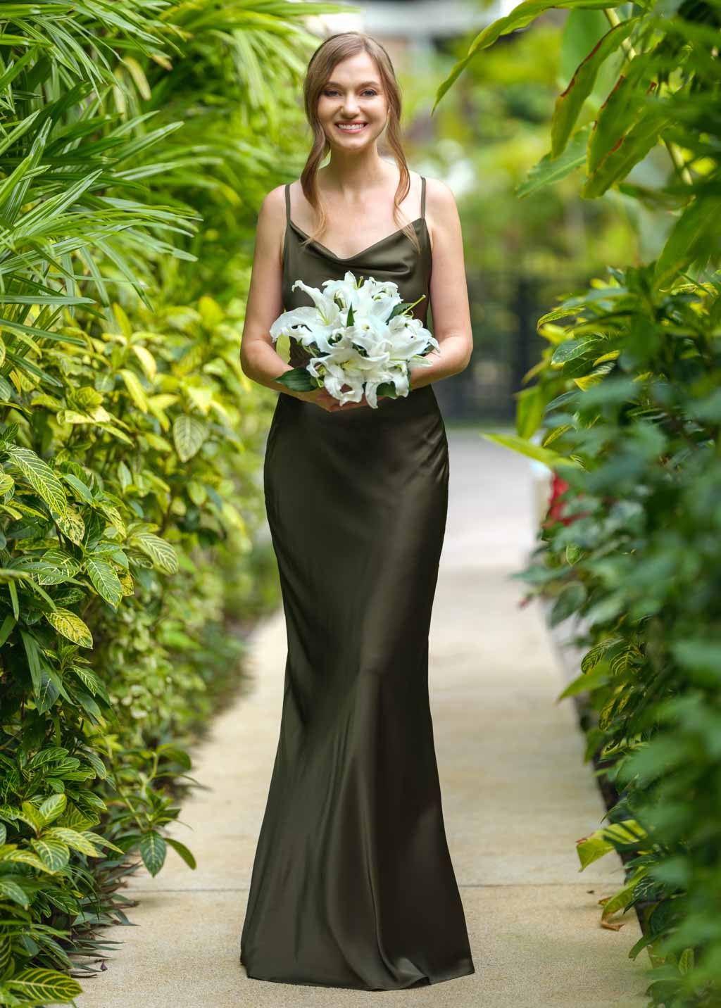 Dark olive silk slip dress