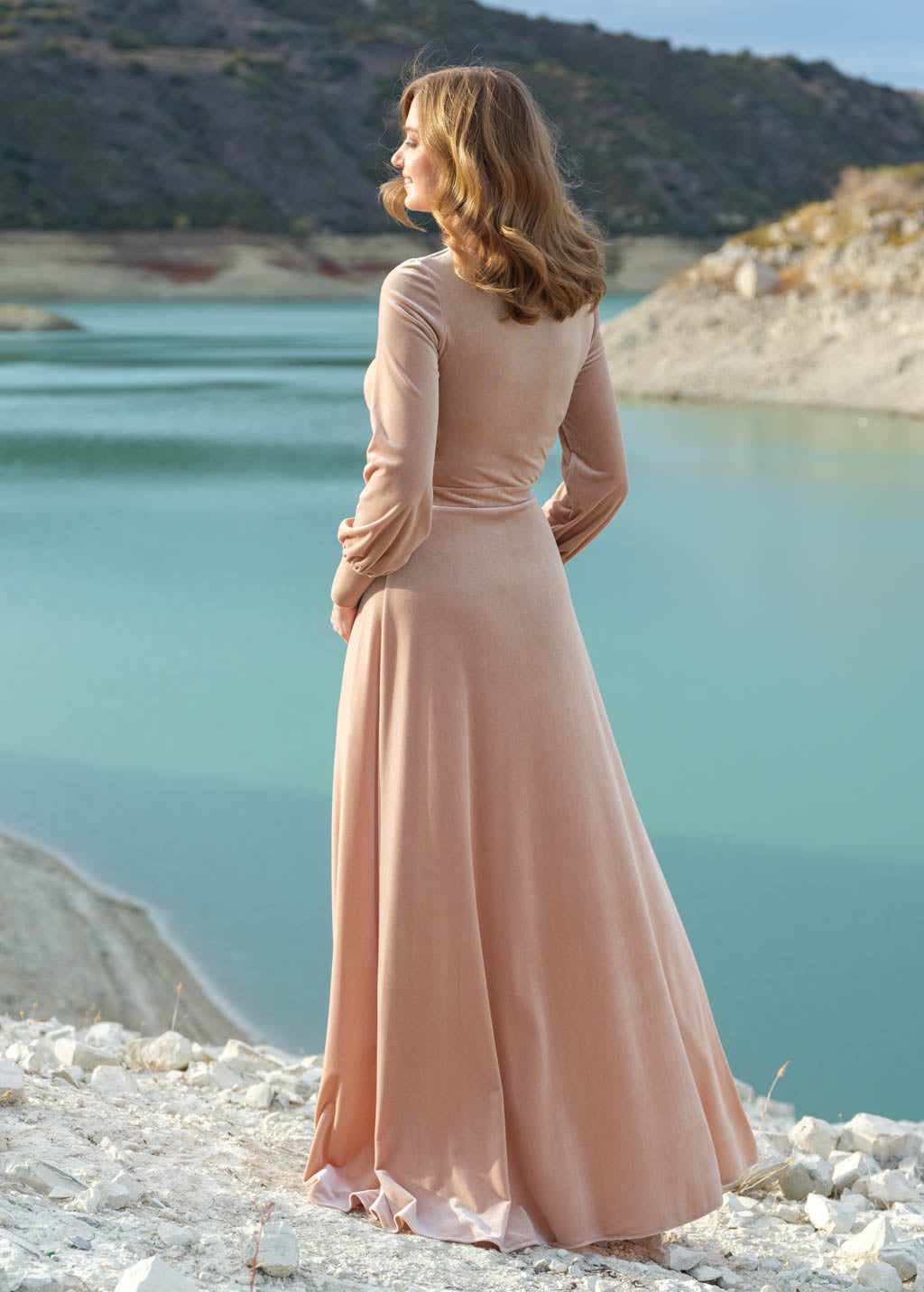 Champagne beige velvet long dress