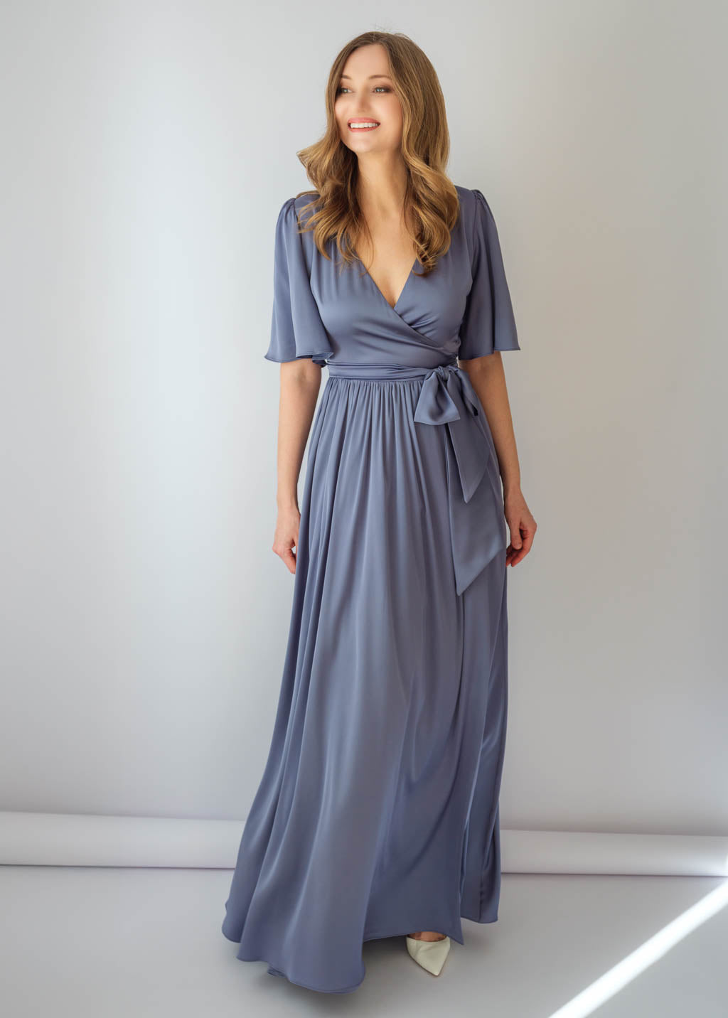 Grey Silk Wrap Dress with Flutter Sleeve & Pleated Skirt