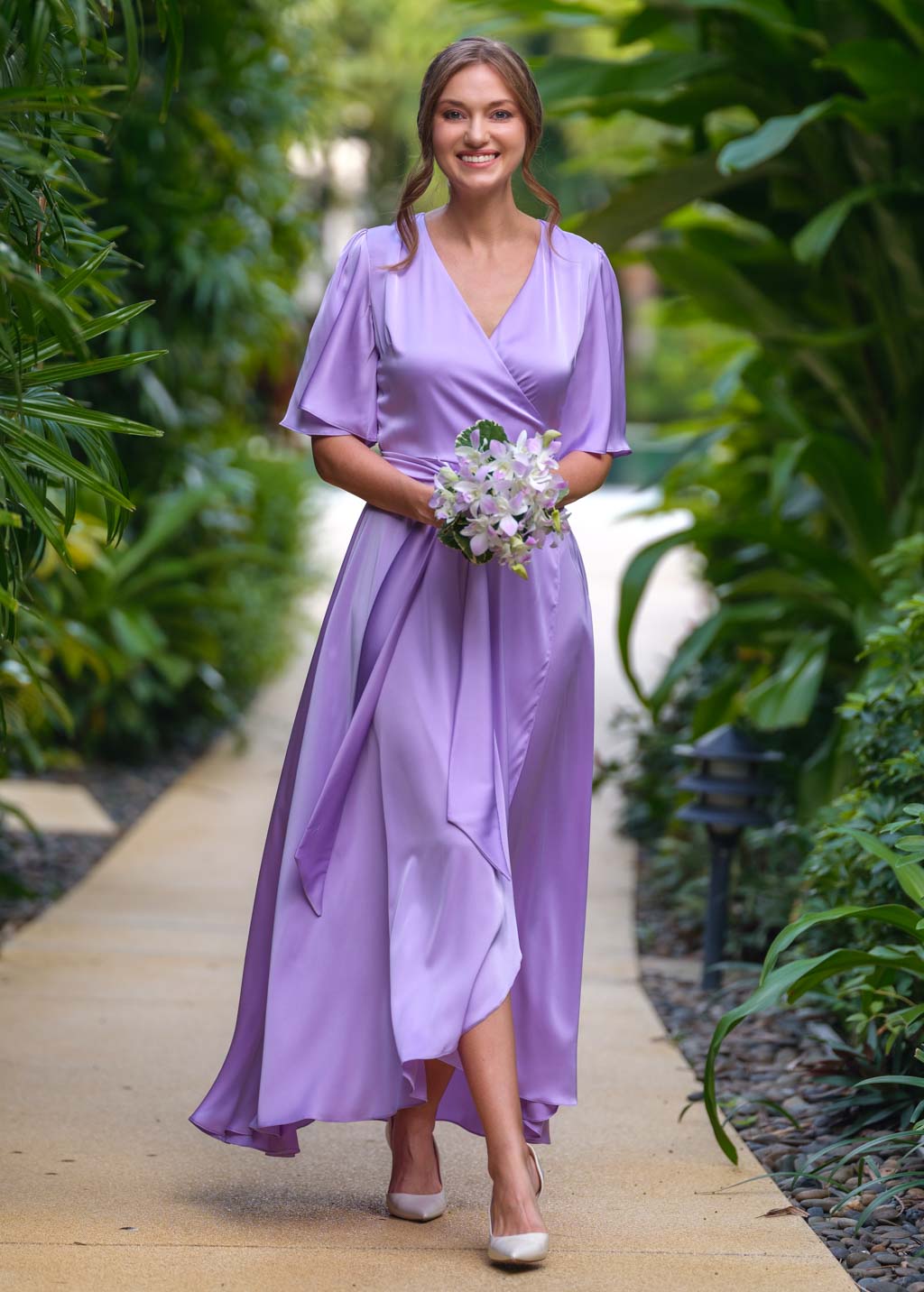 Lilac silk long wrap dress