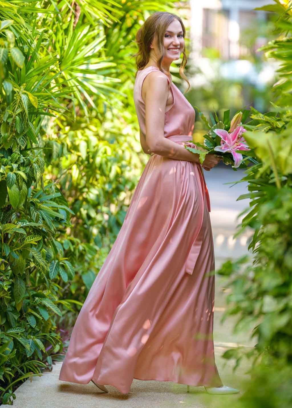Blush pink silk slit dress with belt