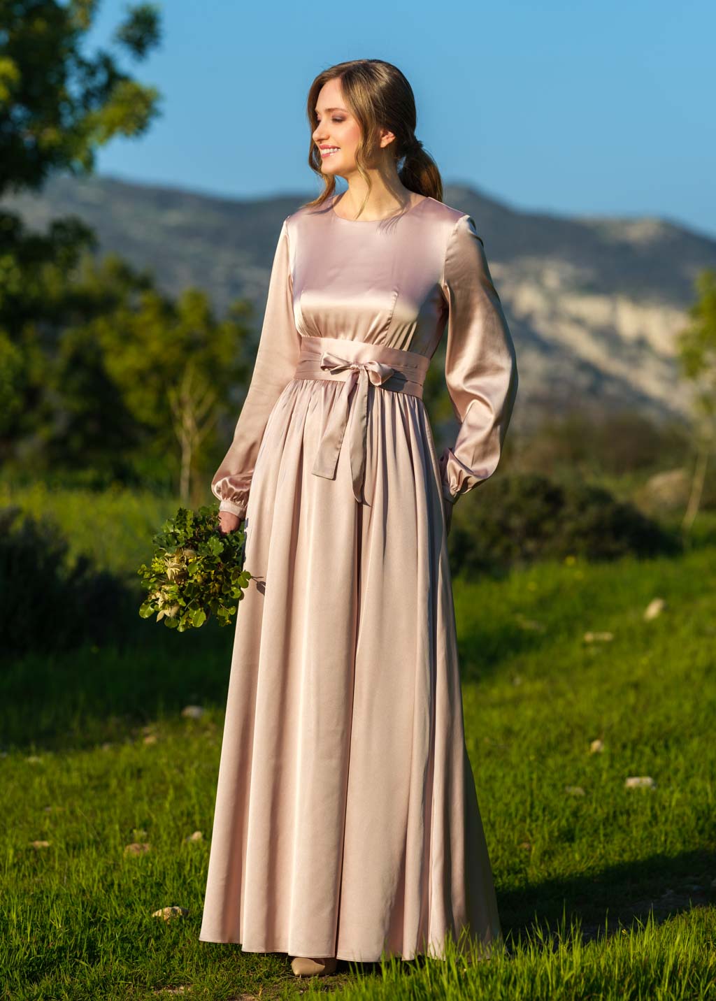 Champagne beige long silk dress with belt
