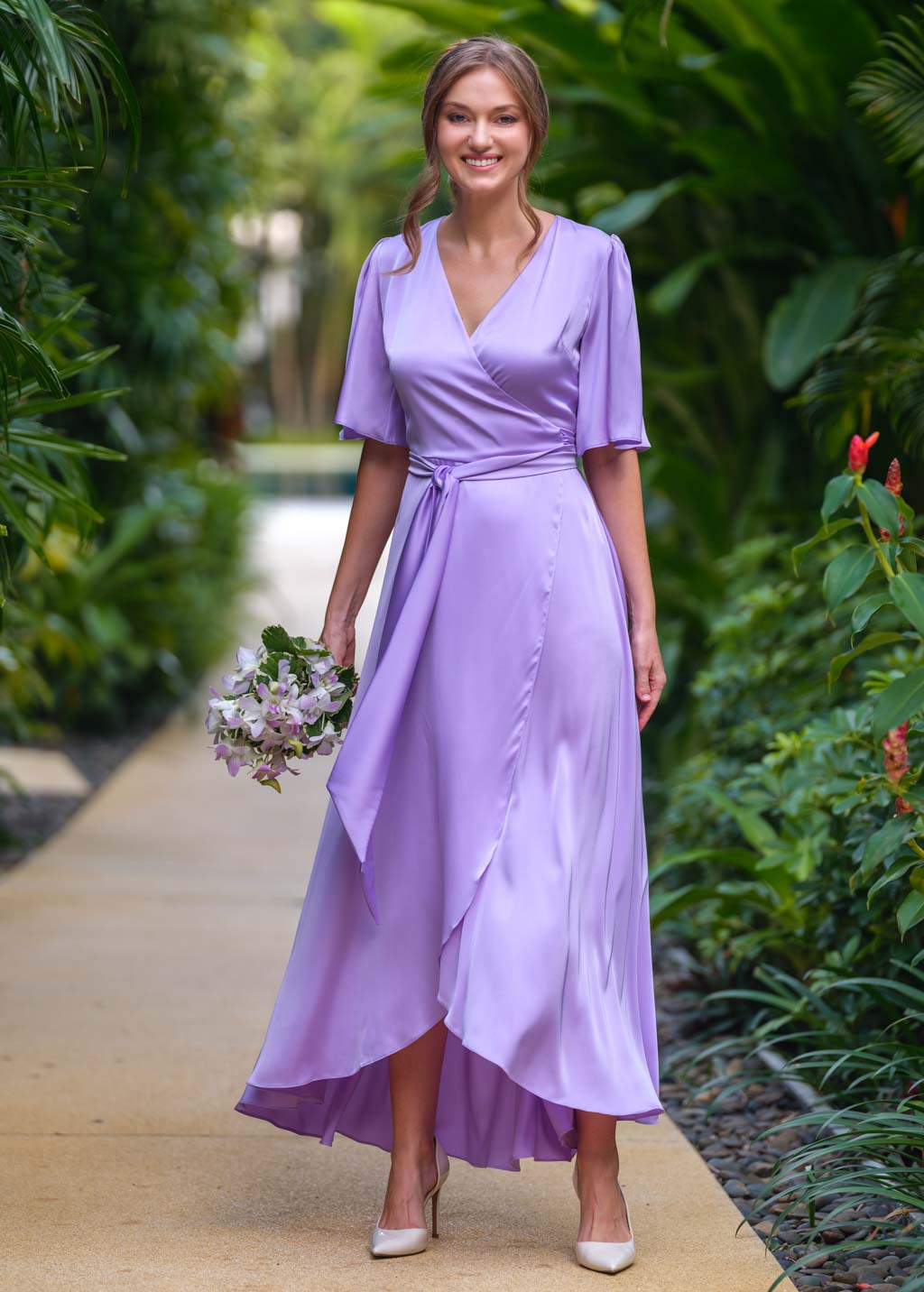 Lilac silk long wrap dress