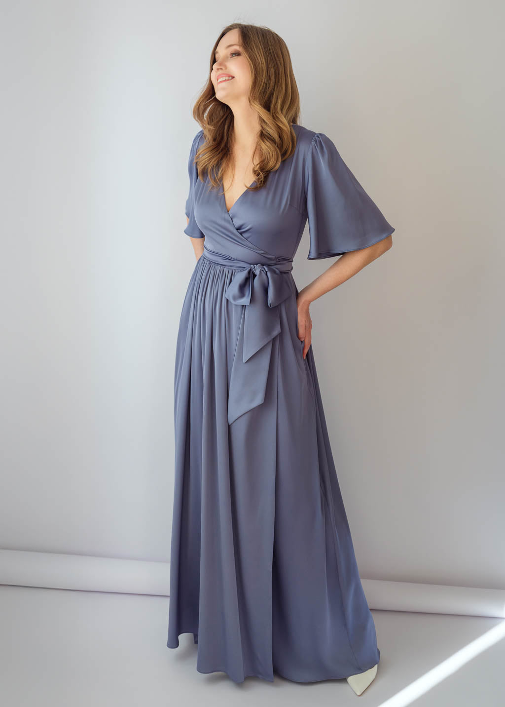 Grey Silk Wrap Dress with Flutter Sleeve & Pleated Skirt