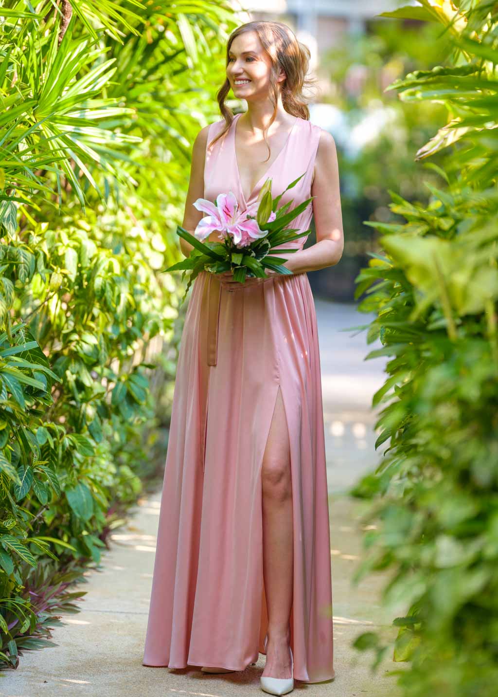 Blush pink silk slit dress with belt