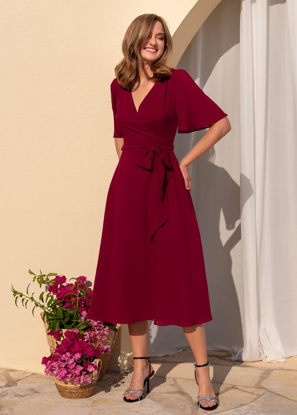 Burgundy chiffon wrap dress