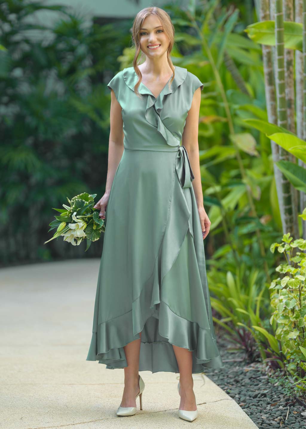 Sage green wrap silk dress