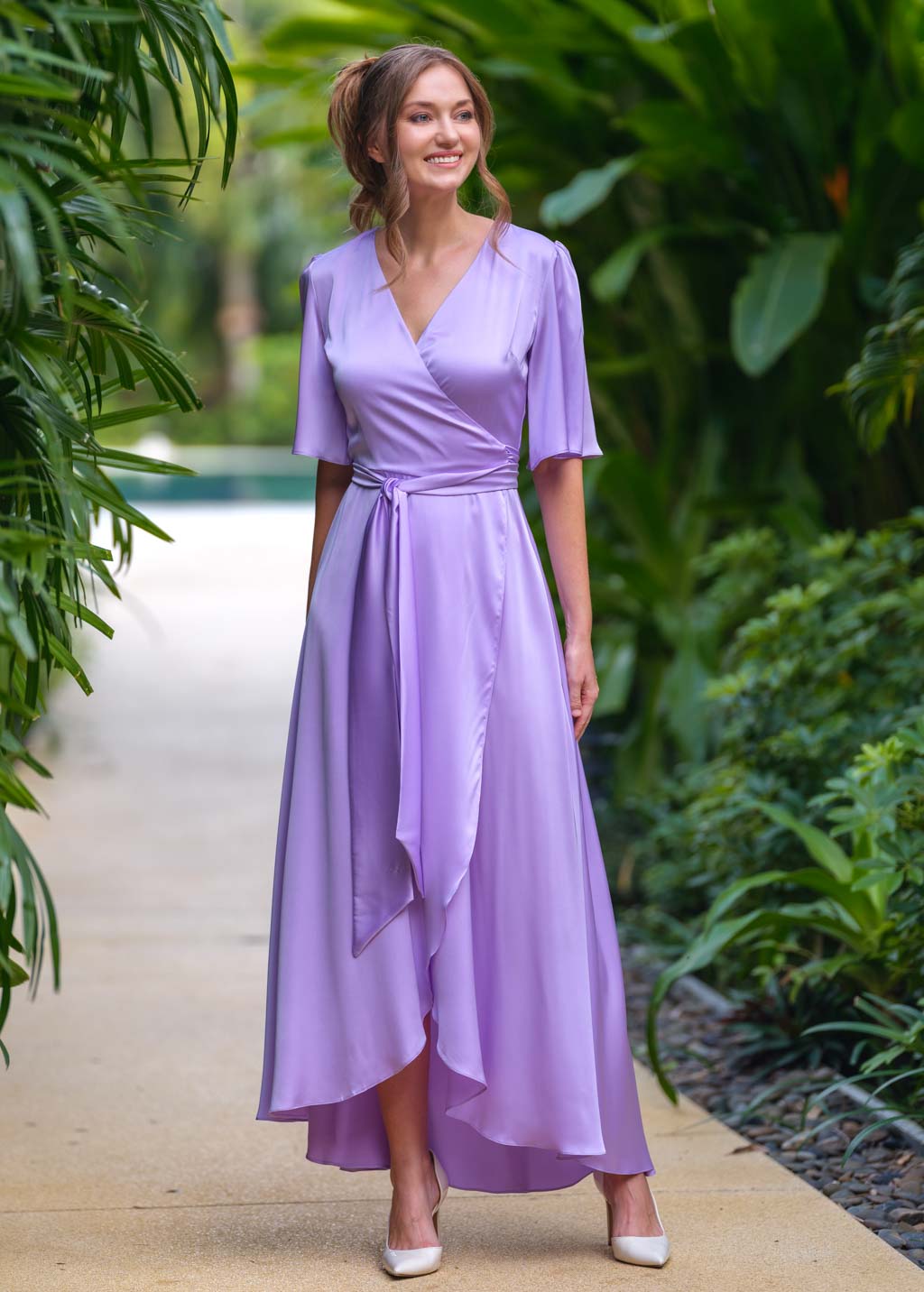 Lilac silk long wrap dress