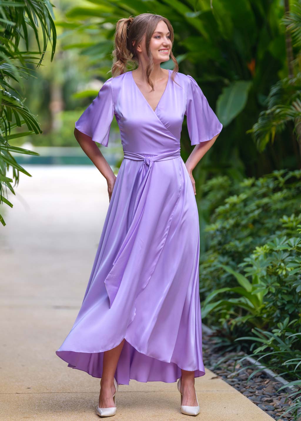 Lilac silk long wrap dress