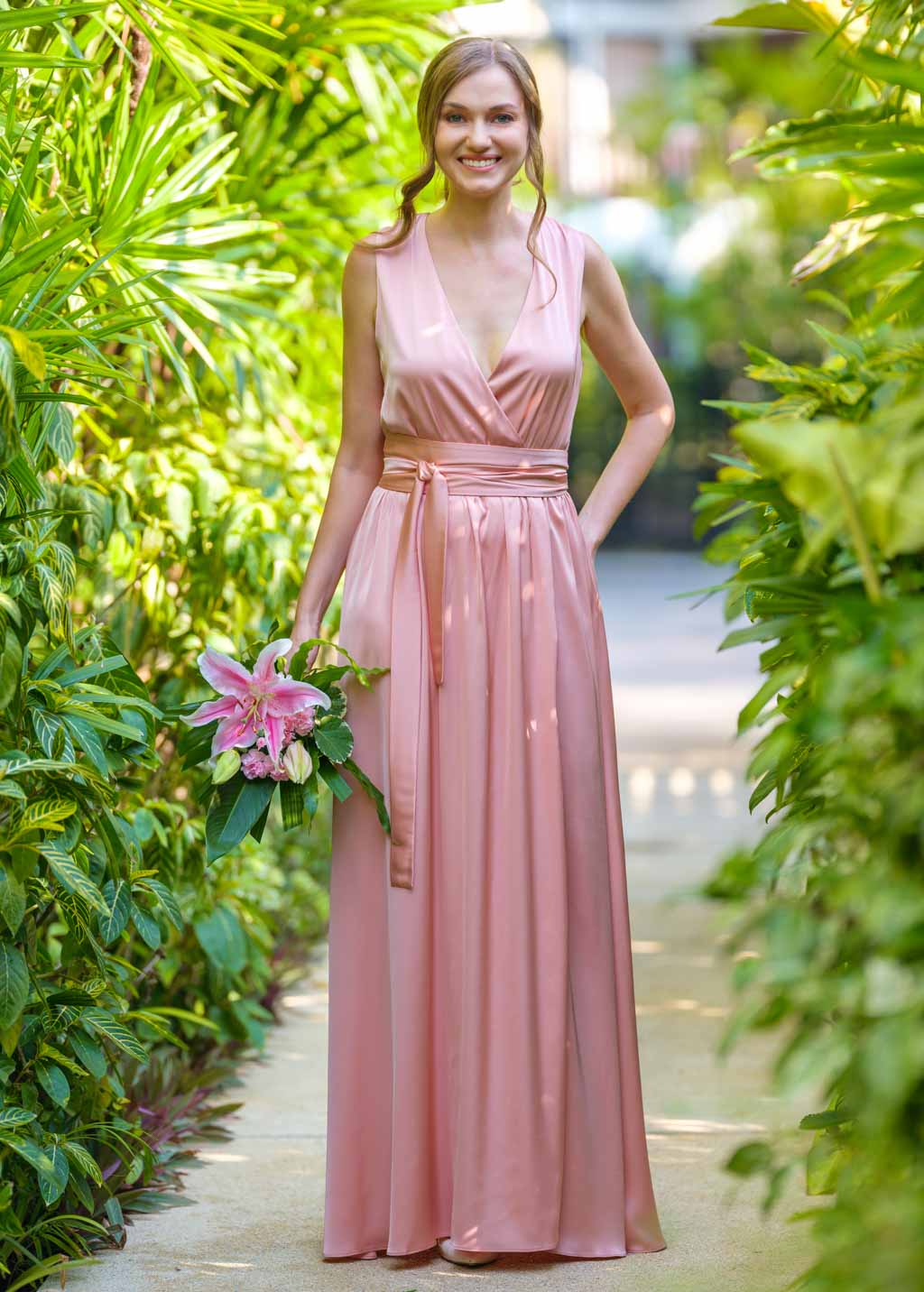 Blush pink silk dress with belt