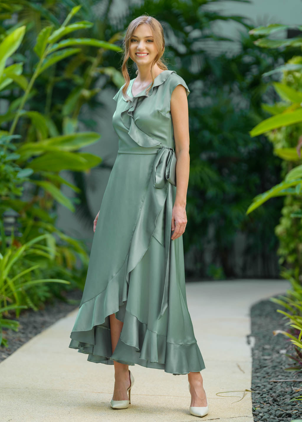 Sage green wrap silk dress