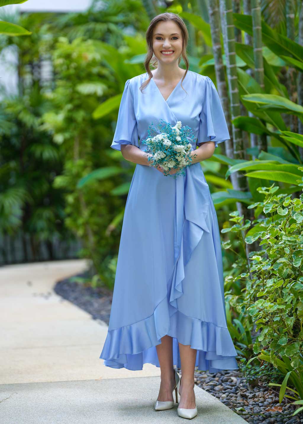Baby blue wrap silk dress