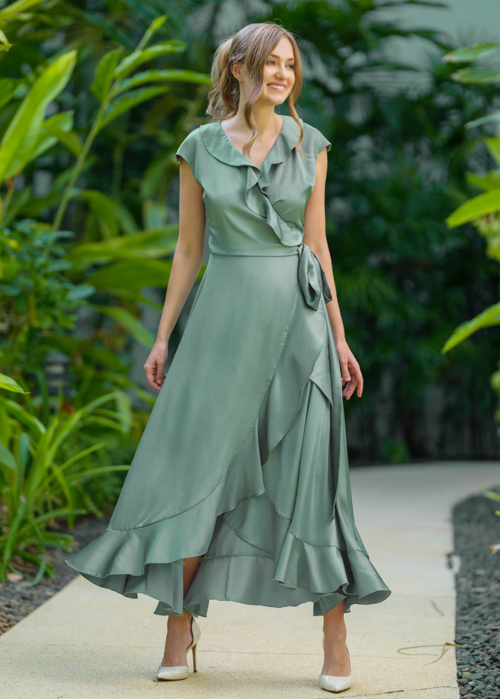 Sage green wrap silk dress