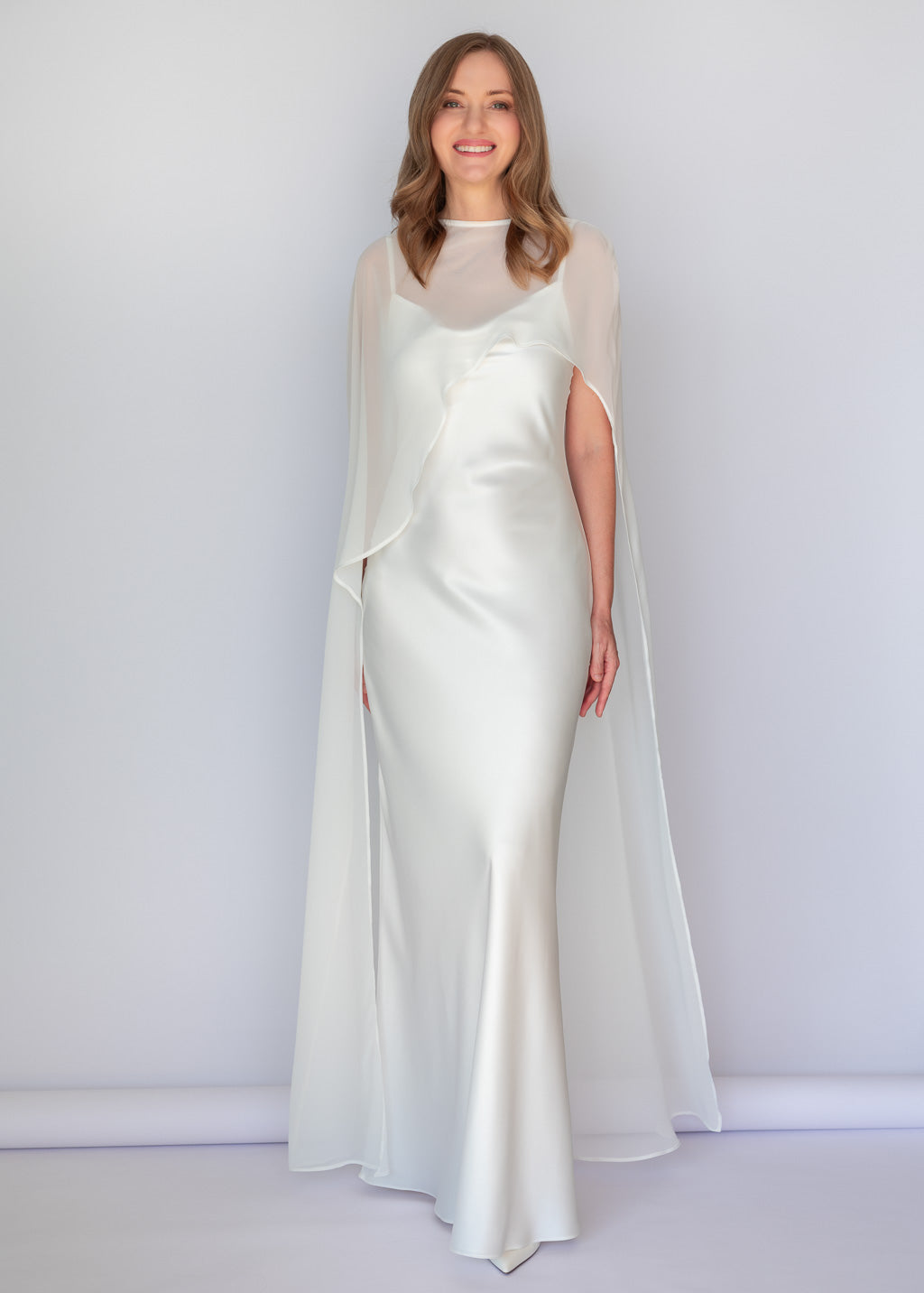 Ivory Bias Cut Silk Satin Maxi Dress with Chiffon Cape
