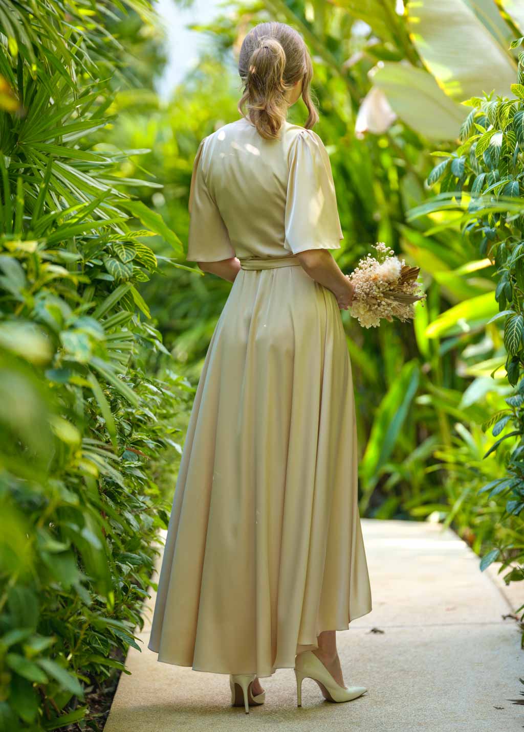 Champagne gold silk long wrap dress