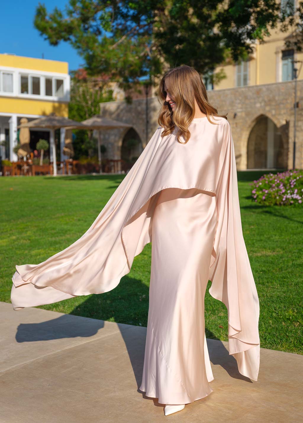 Light Champagne Silk Dress & Detachable Cape