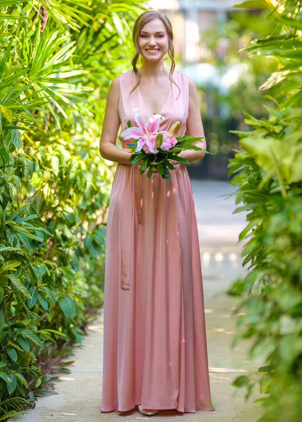 Blush pink silk dress with belt