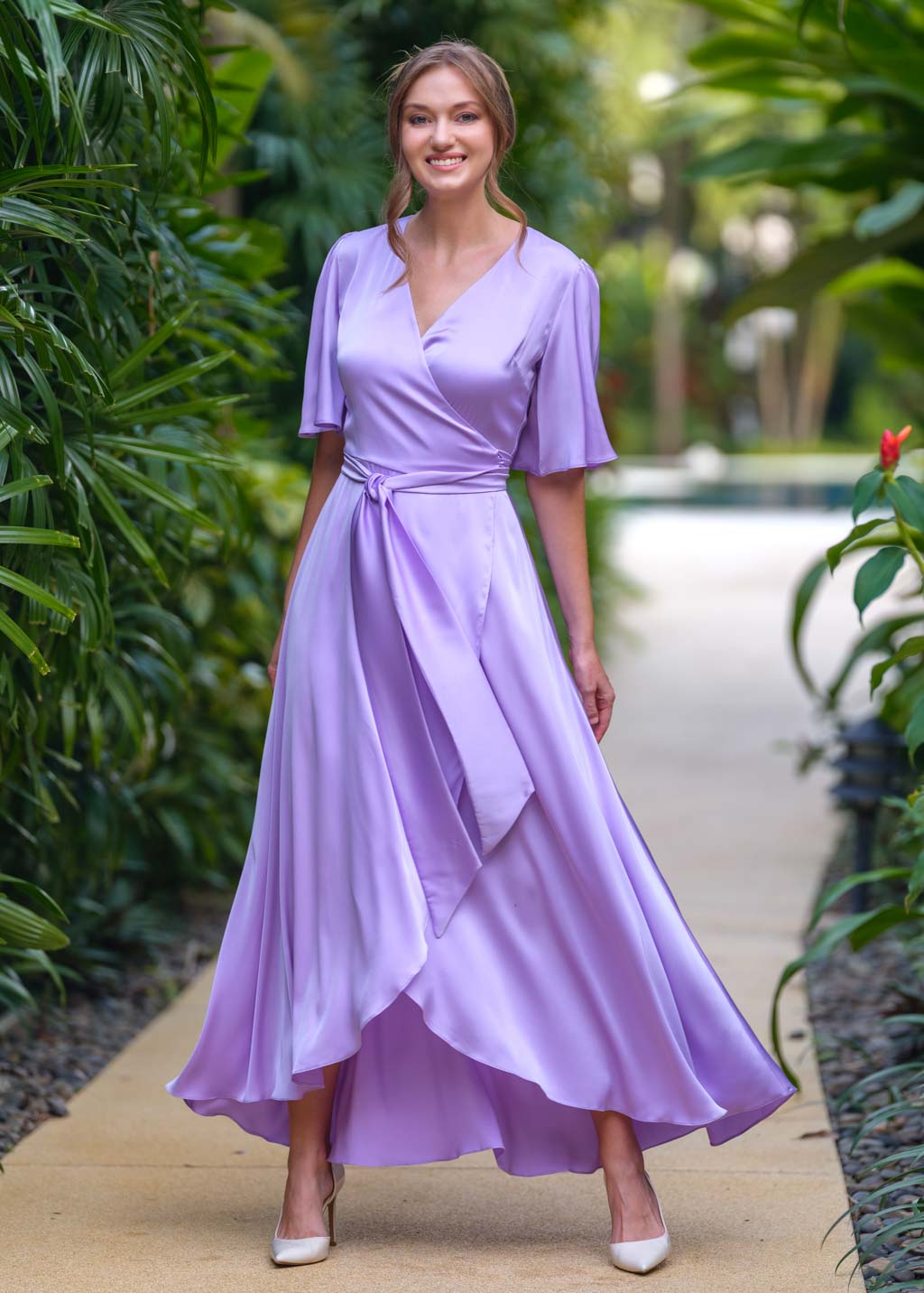Lilac silk long wrap dress
