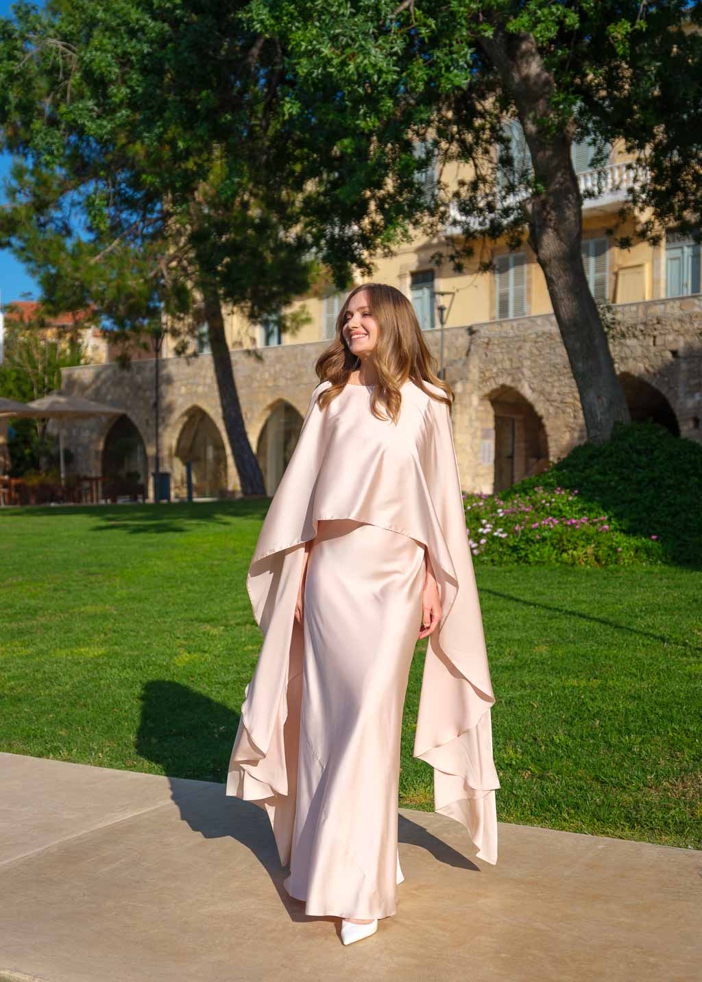Light Champagne Silk Dress & Detachable Cape