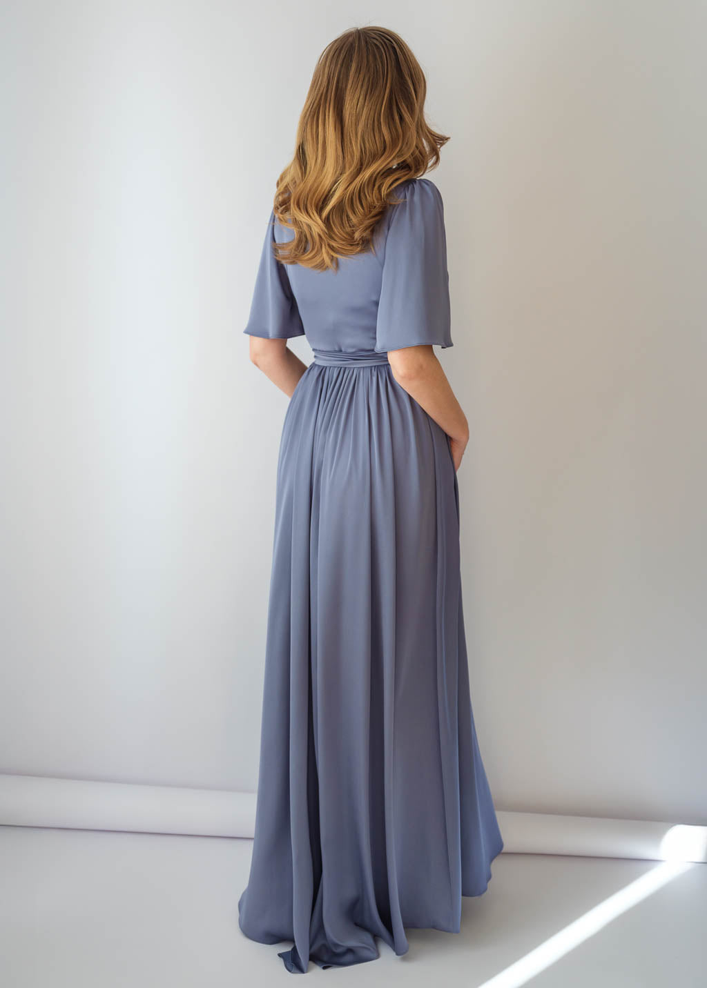 Grey Silk Wrap Dress with Flutter Sleeve & Pleated Skirt