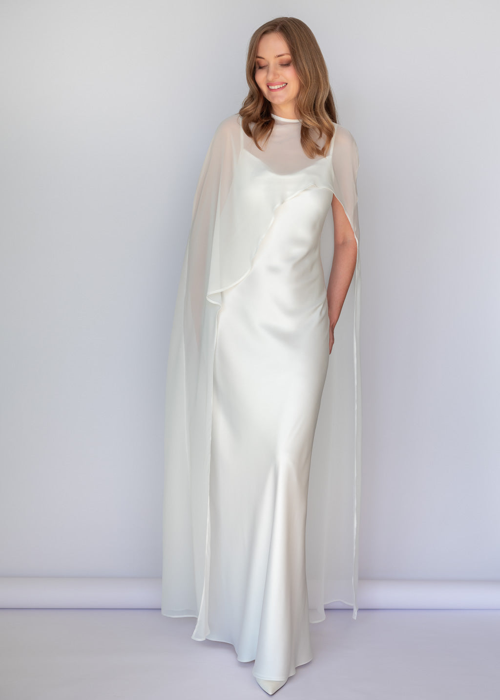 Ivory Bias Cut Silk Satin Maxi Dress with Chiffon Cape