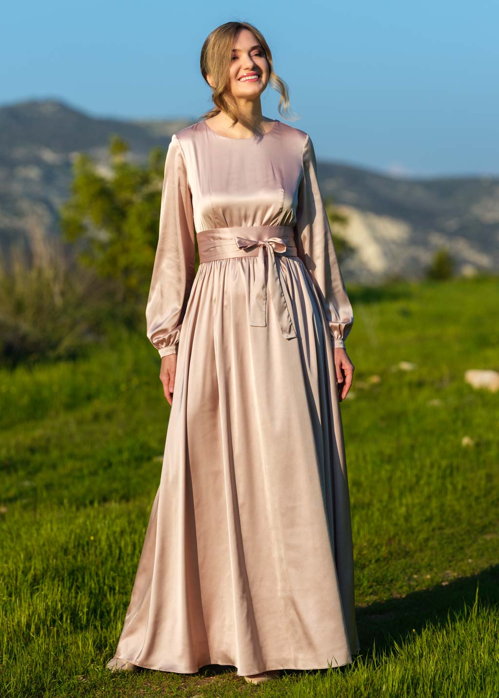 Champagne beige long silk dress with belt