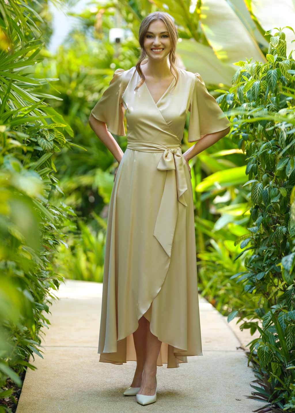 Champagne gold silk long wrap dress