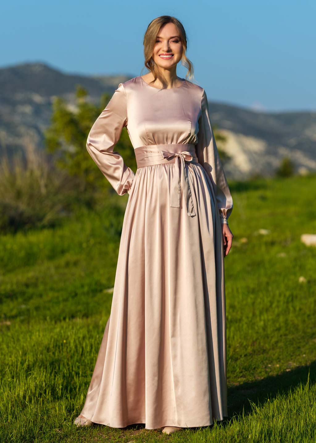 Champagne beige long silk dress with belt