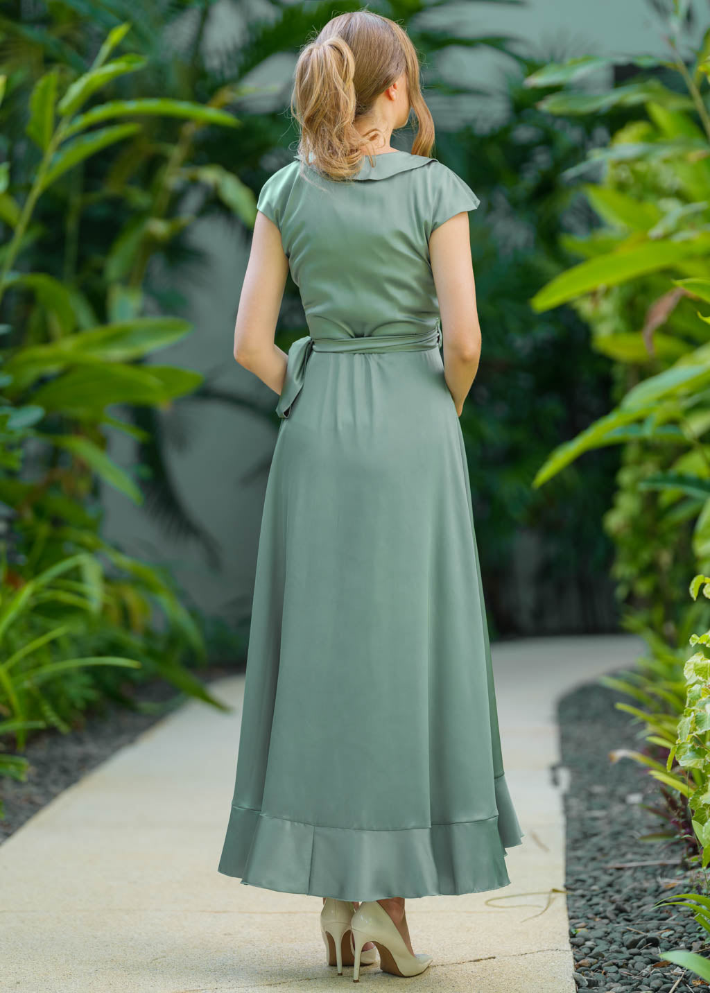 Sage green wrap silk dress