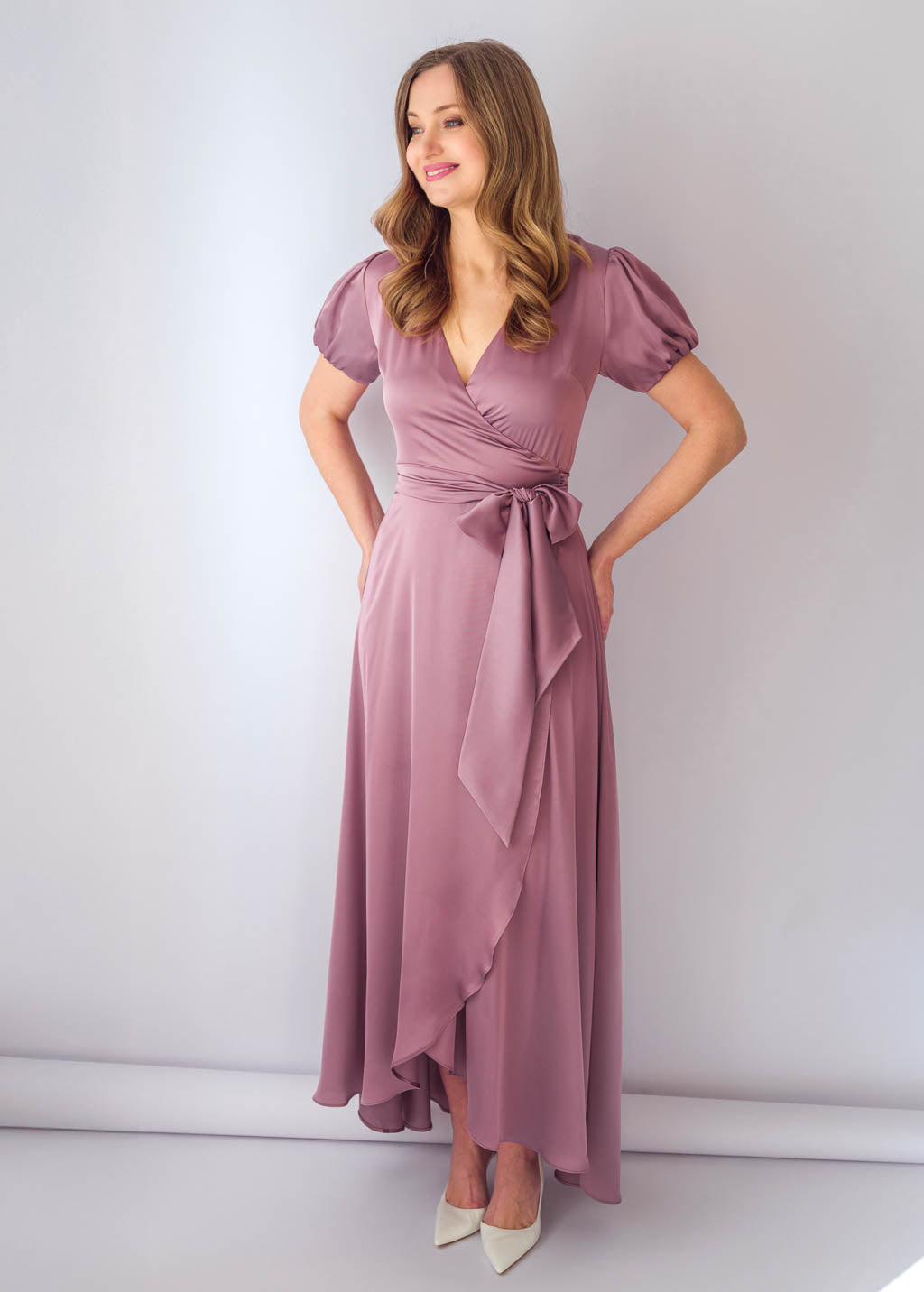 Champagne Rose Silk Wrap Dress with Puff Sleeve