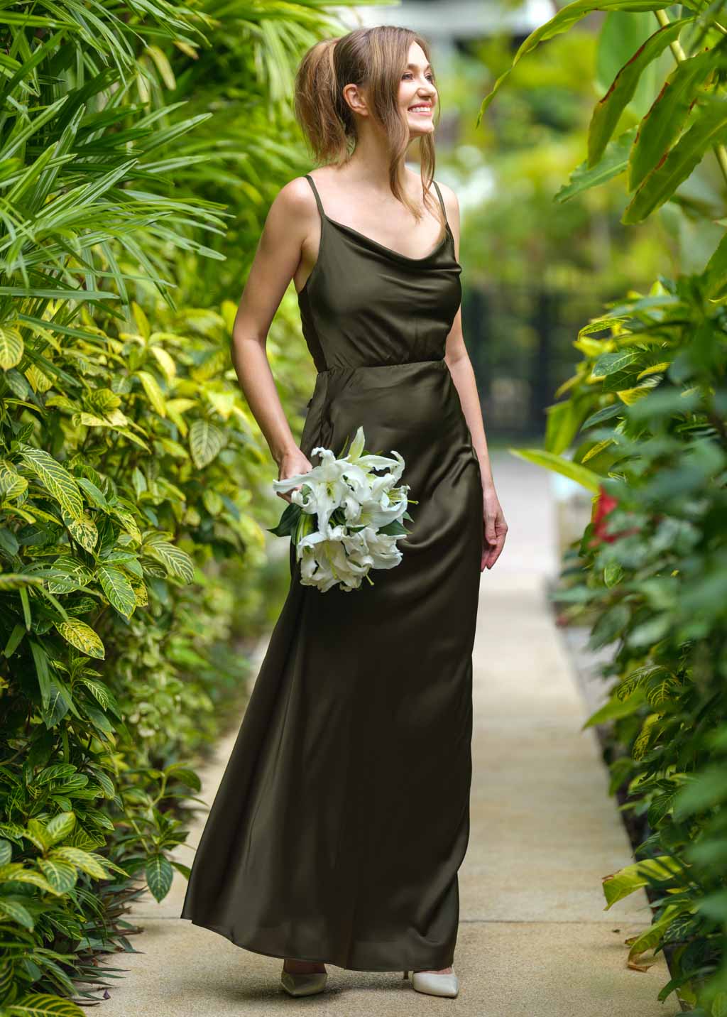 Dark olive silk slip dress