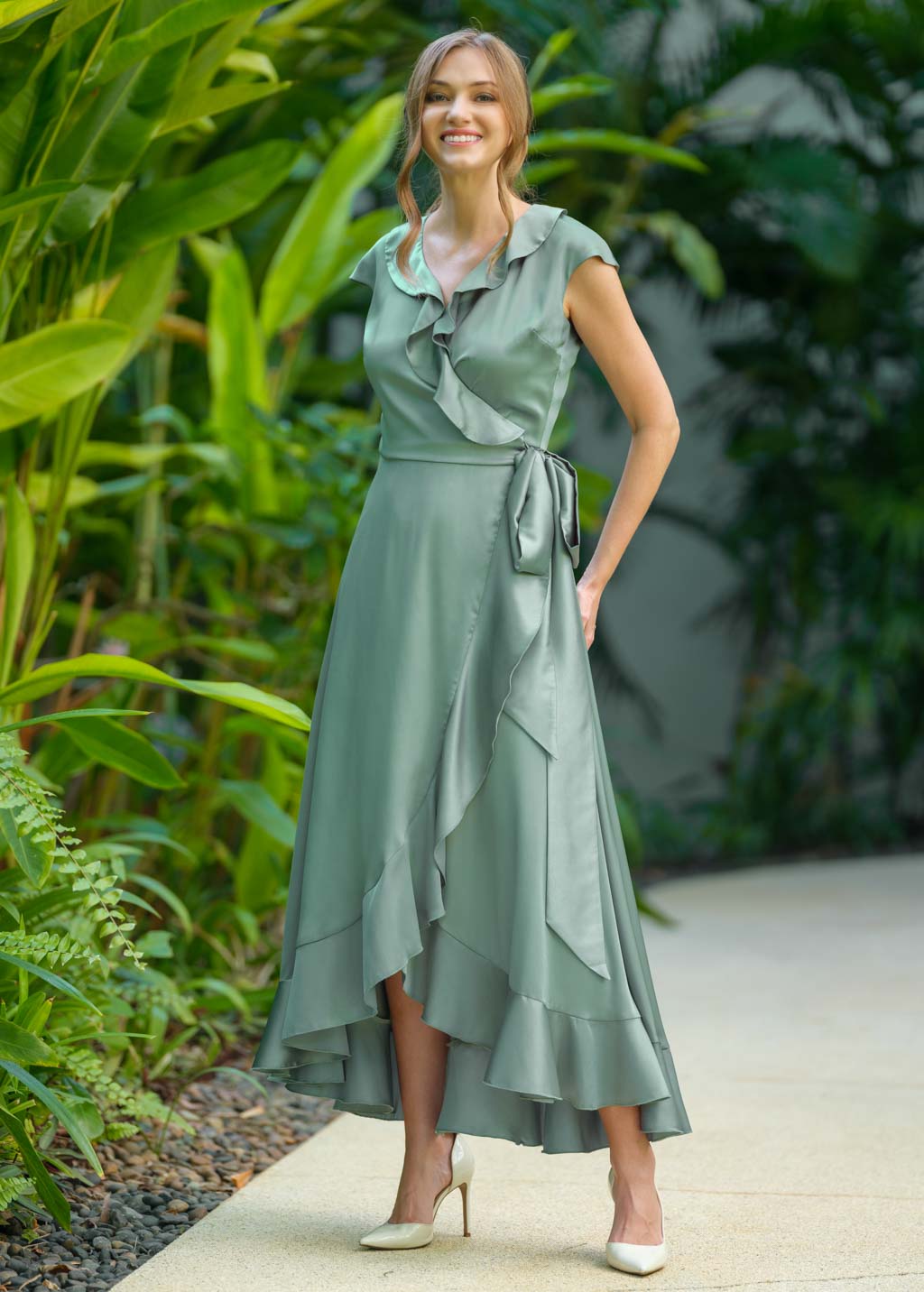 Sage green wrap silk dress