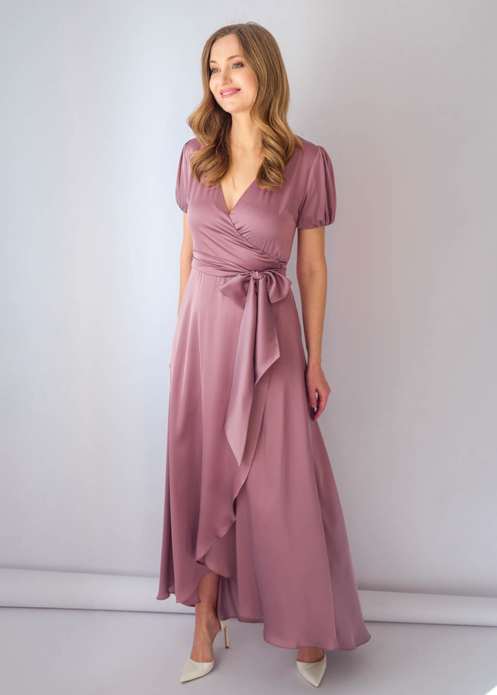 Champagne Rose Silk Wrap Dress with Puff Sleeve
