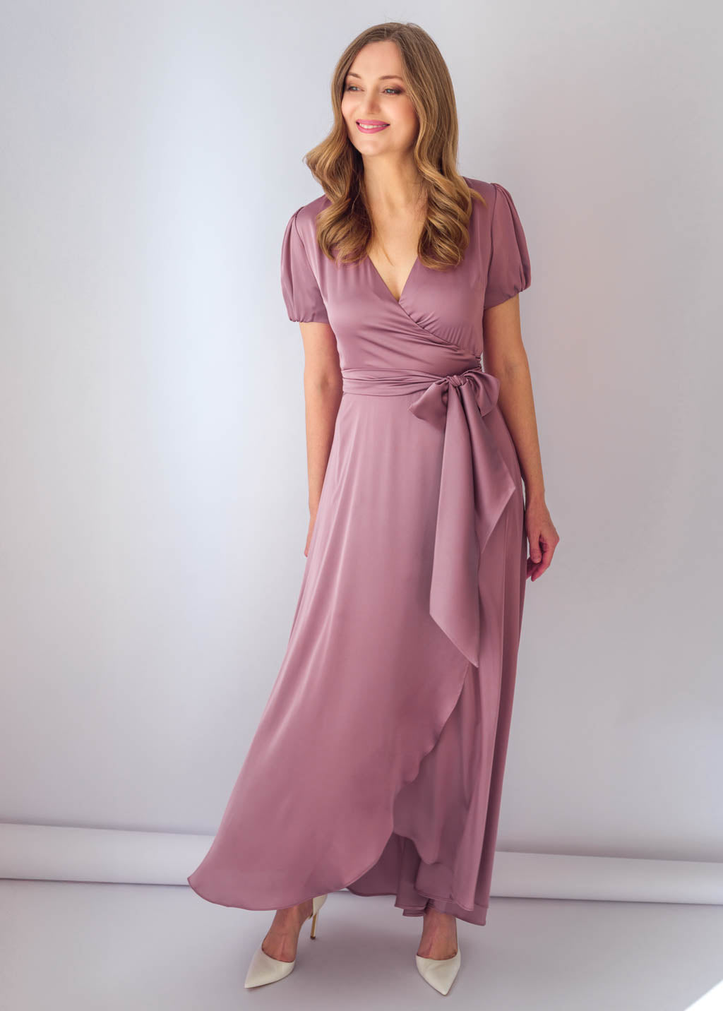 Champagne Rose Silk Wrap Dress with Puff Sleeve
