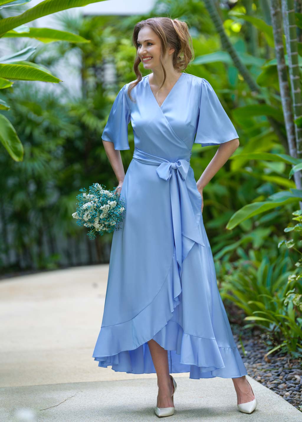 Baby blue wrap silk dress
