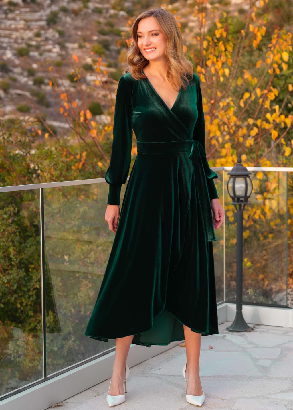 Emerald green velvet wrap dress