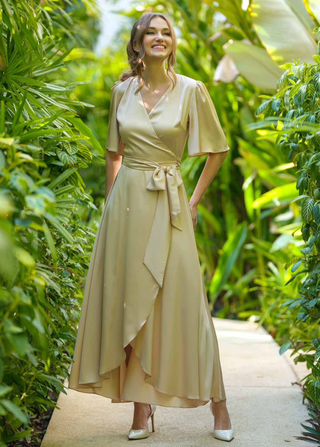 Champagne gold silk long wrap dress