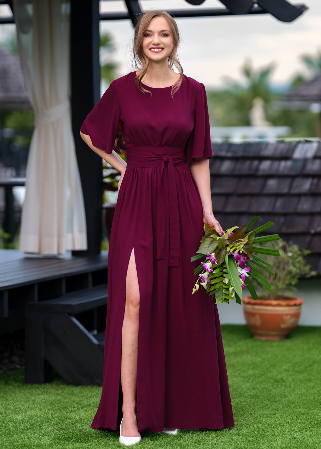Burgundy long dress with belt