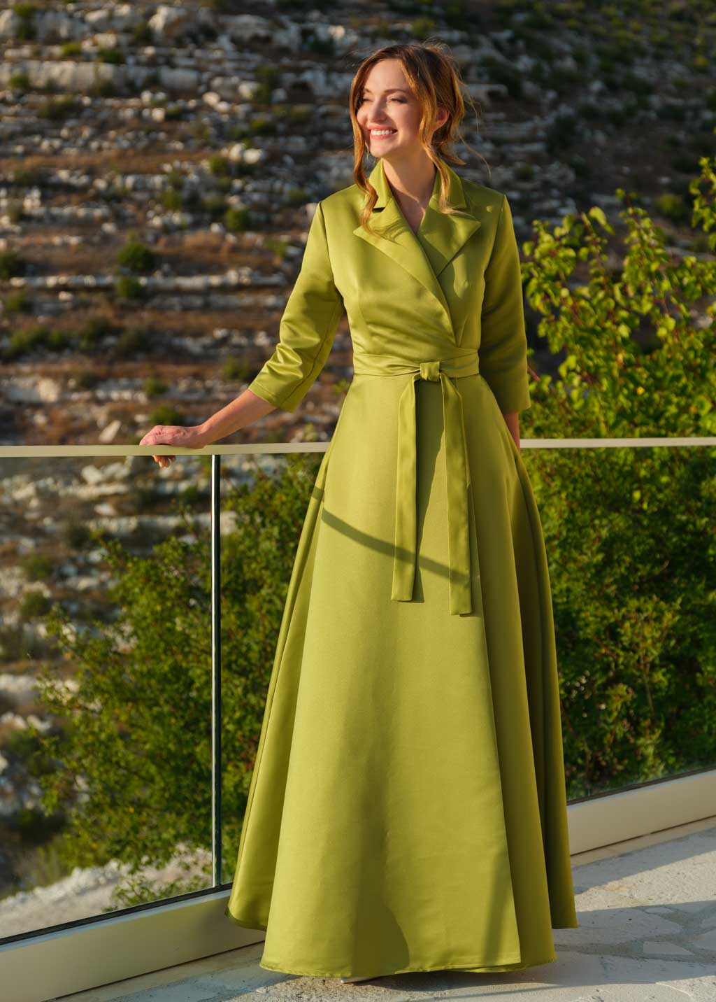 green silk wrap dress long sleeve Handmade Linen Wrap Midi Dress Vintage V-Neck Swing Style Green / XS
