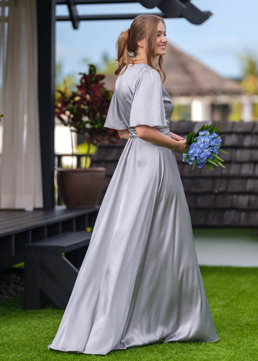 Silver grey wrap long silk dress