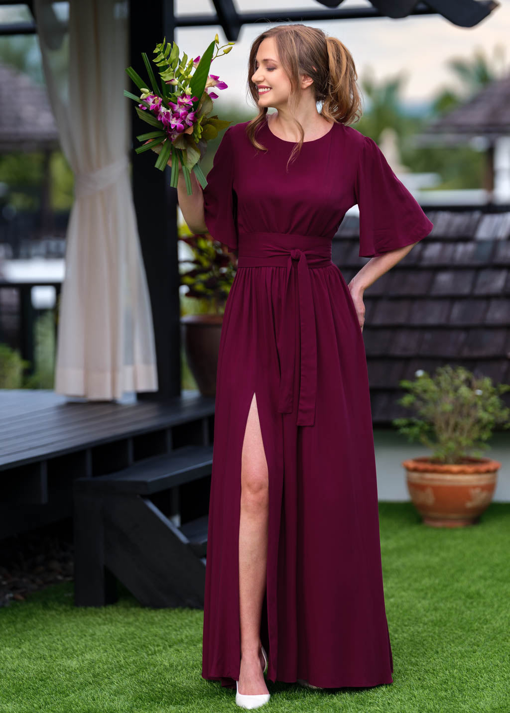 Burgundy slit dress with belt